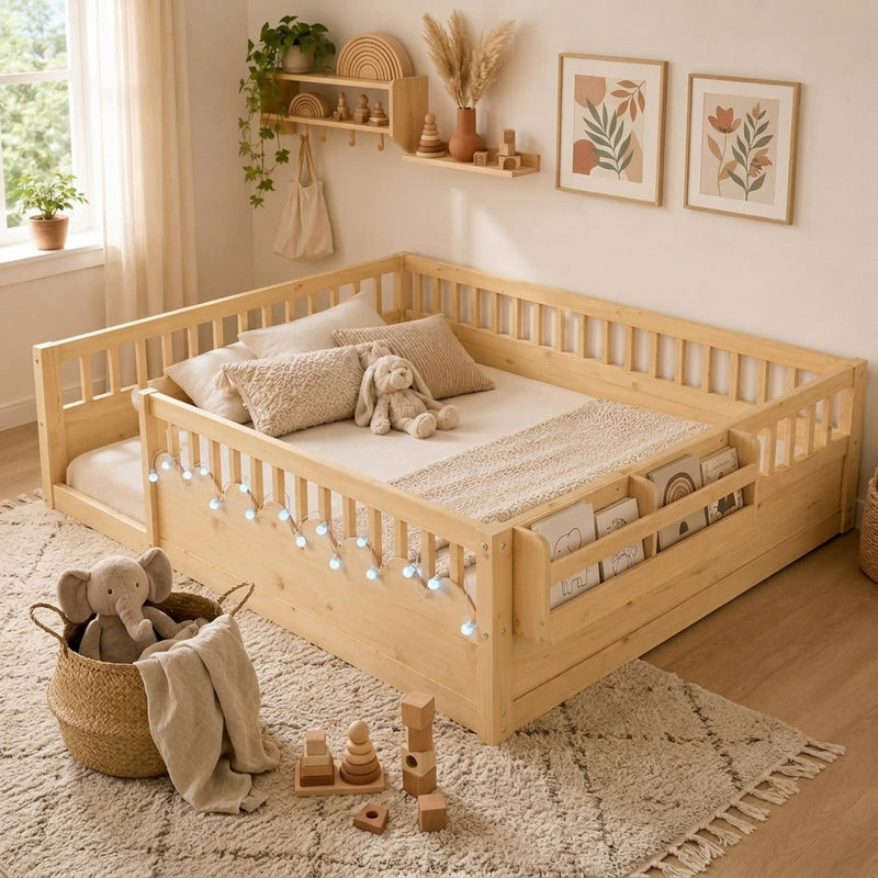 Natural wood Montessori floor bed with fence rails styled in a child's room