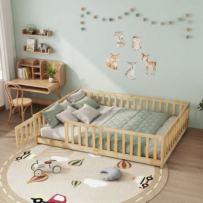 Natural wood Montessori floor bed with fence rails styled in a child's room