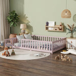 Natural wood Montessori floor bed with fence rails styled in a child's room