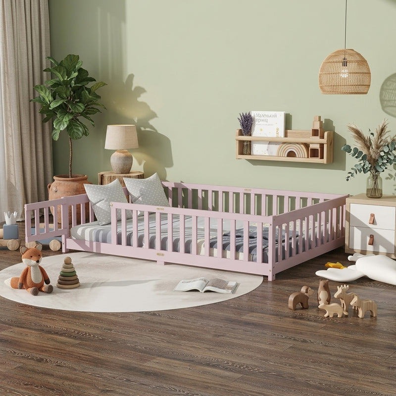 Natural wood Montessori floor bed with fence rails styled in a child's room