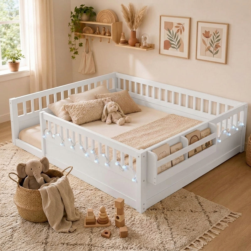 Natural wood Montessori floor bed with fence rails styled in a child's room