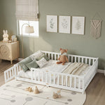 Natural wood Montessori floor bed with fence rails styled in a child's room