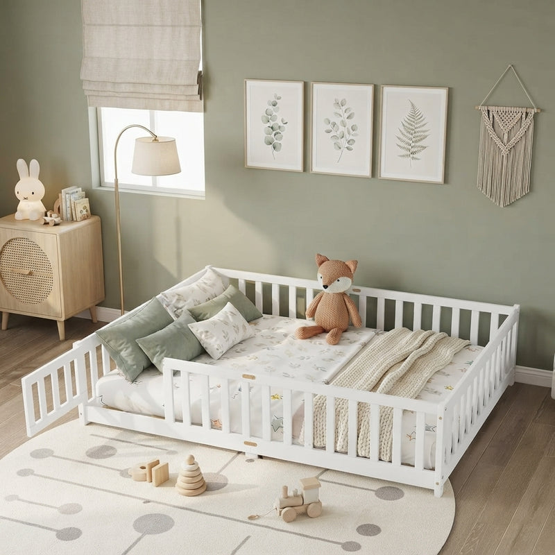 Natural wood Montessori floor bed with fence rails styled in a child's room