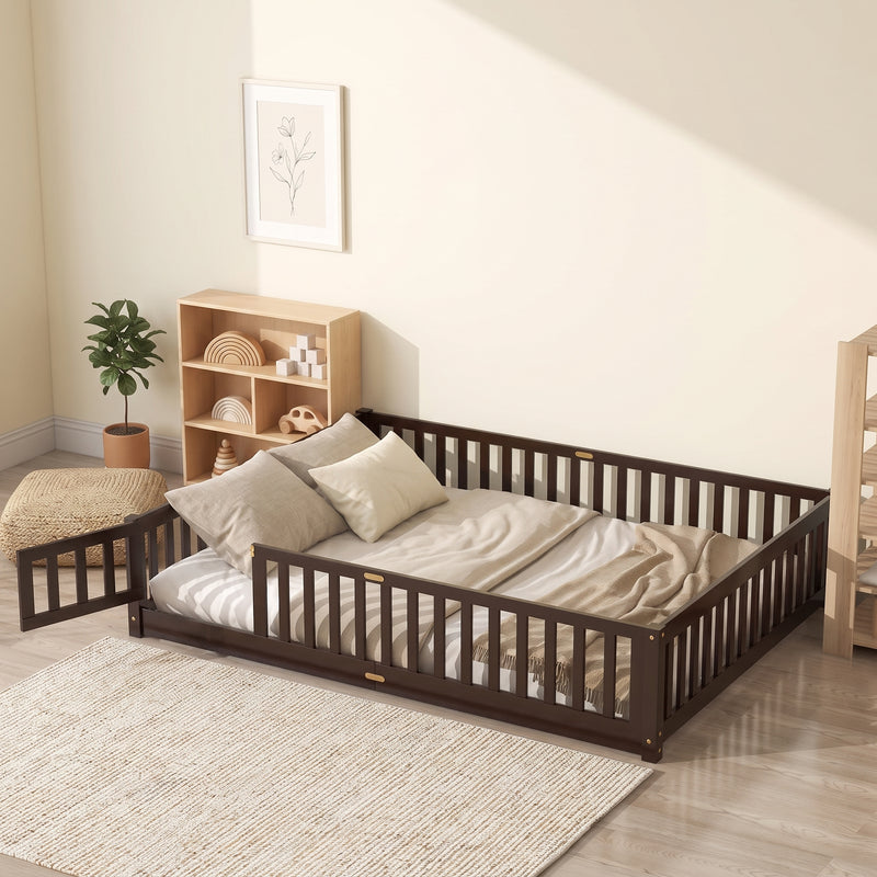 Natural wood Montessori floor bed with fence rails styled in a child's room