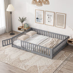 Natural wood Montessori floor bed with fence rails styled in a child's room