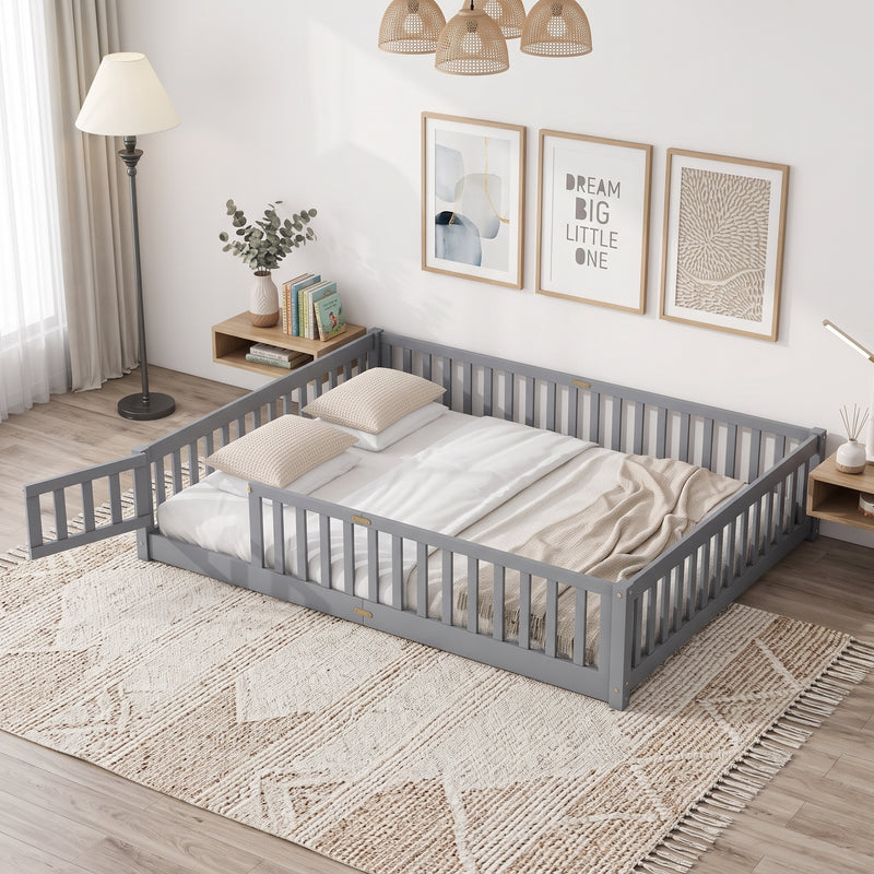 Natural wood Montessori floor bed with fence rails styled in a child's room