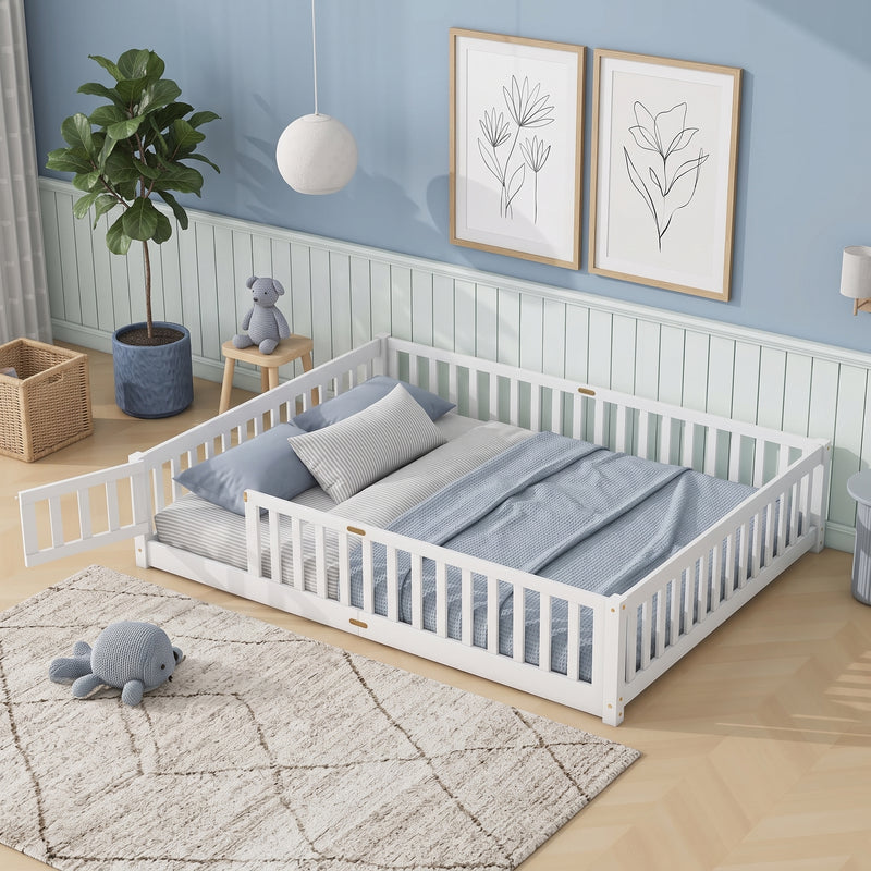 Natural wood Montessori floor bed with fence rails styled in a child's room