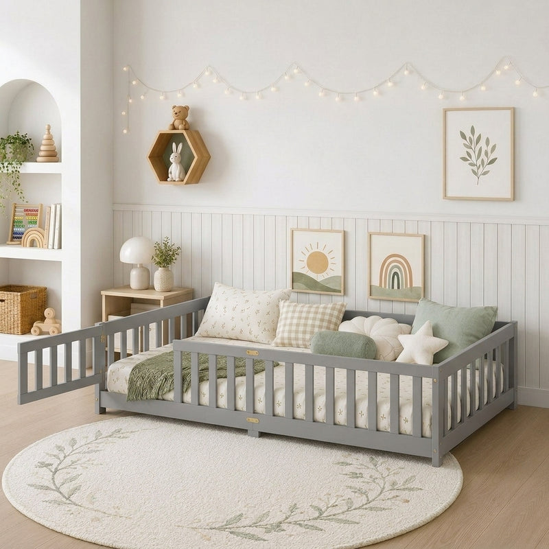 Natural wood Montessori floor bed with fence rails styled in a child's room
