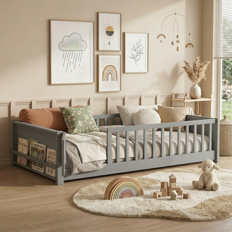 Natural wood Montessori floor bed with fence rails styled in a child's room