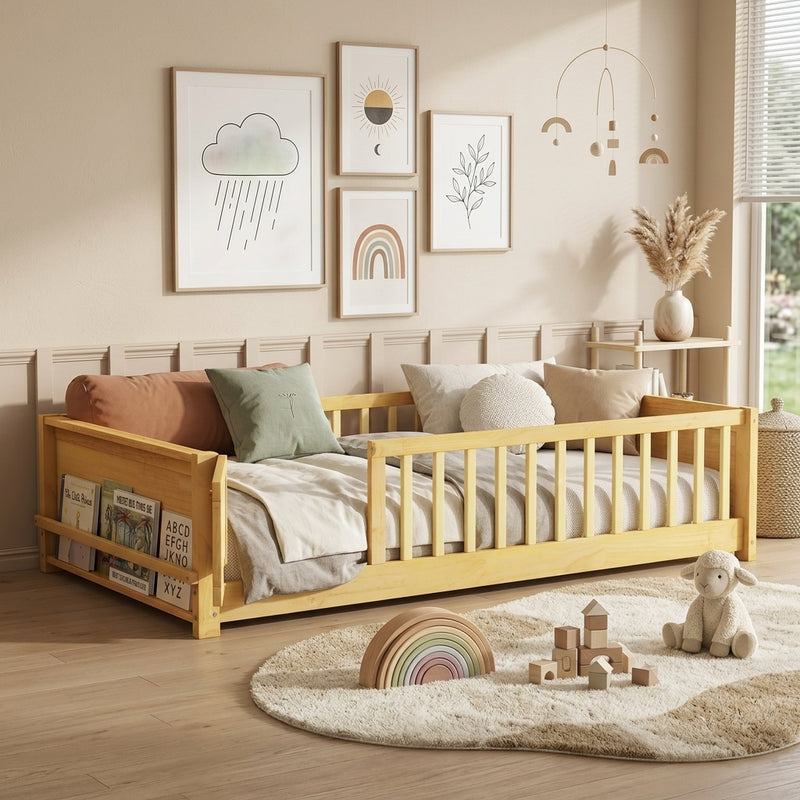 Natural wood Montessori floor bed with fence rails styled in a child's room