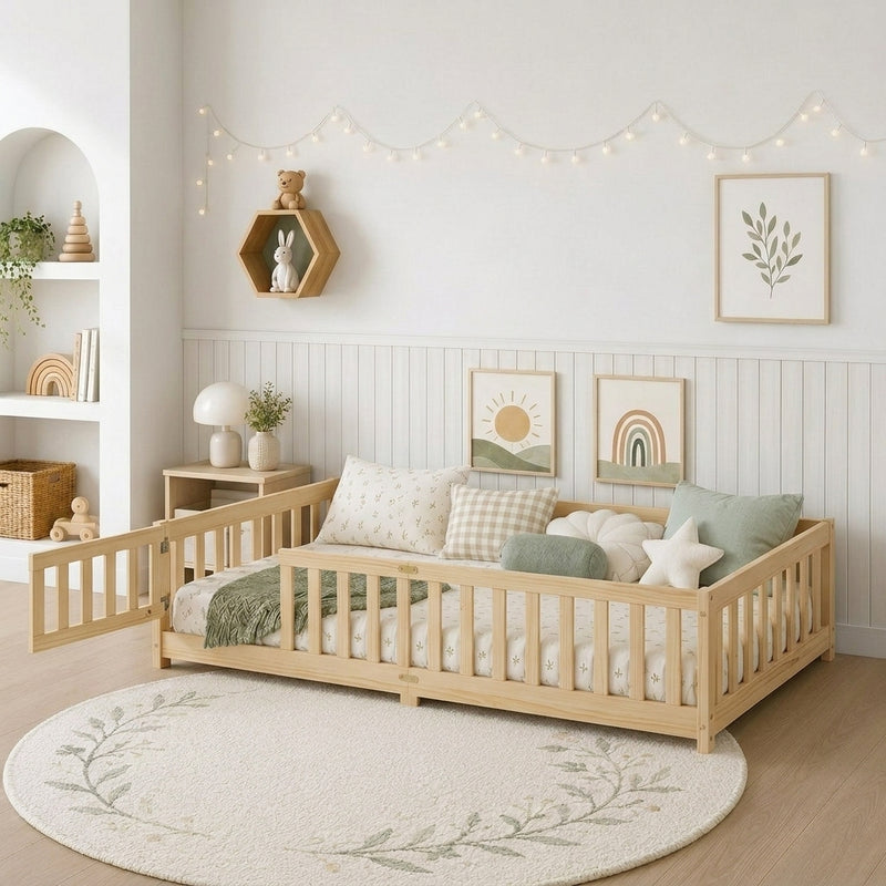 Natural wood Montessori floor bed with fence rails styled in a child's room