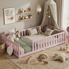 Natural wood Montessori floor bed with fence rails styled in a child's room