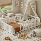 Natural wood Montessori floor bed with fence rails styled in a child's room