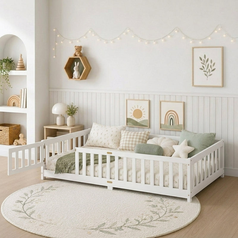 Natural wood Montessori floor bed with fence rails styled in a child's room