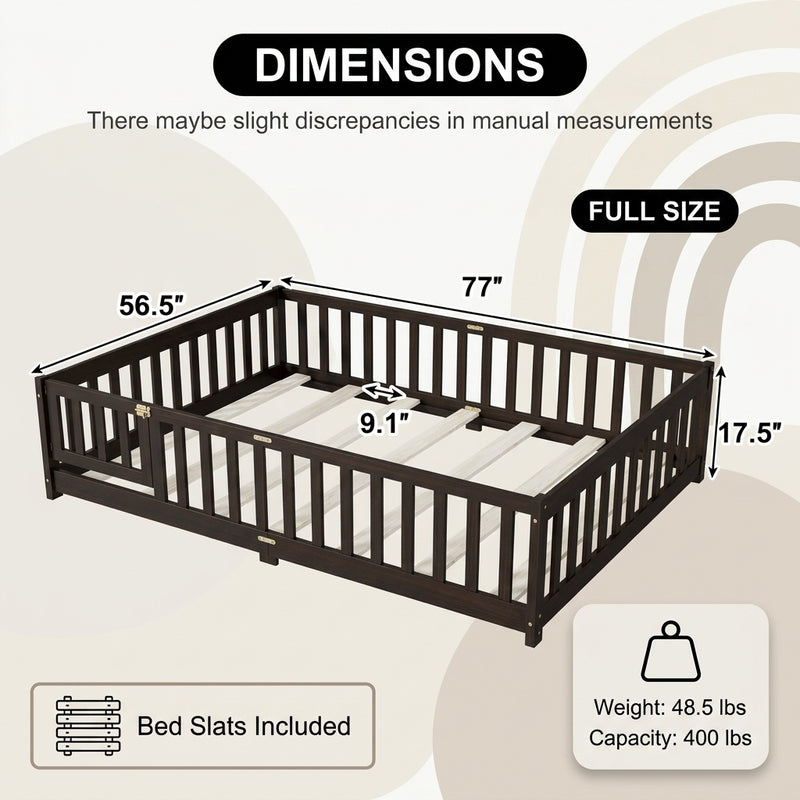 Full size Montessori floor bed dimensions 56.5 by 77 by 17.5 inches with bed slats included
