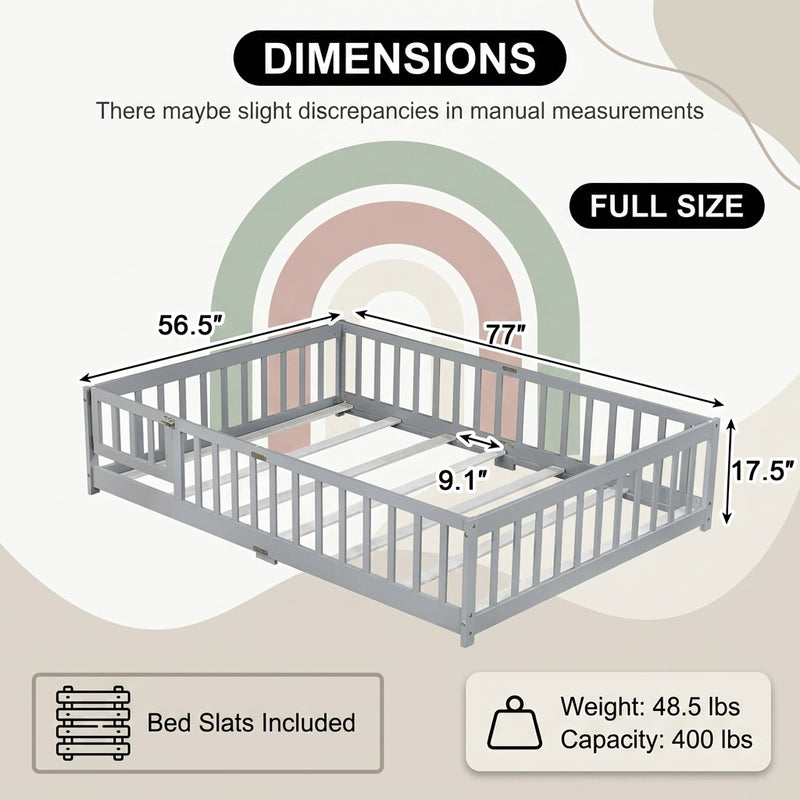Full size Montessori floor bed dimensions 56.5 by 77 by 17.5 inches with bed slats included