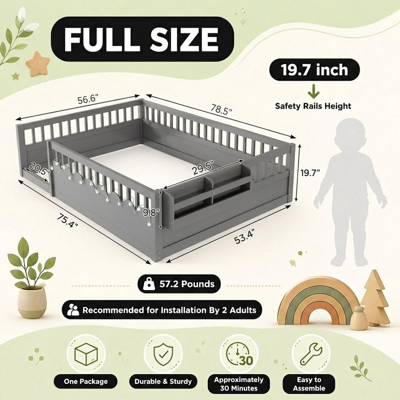 Full size Montessori floor bed dimensions 56.5 by 77 by 17.5 inches with bed slats included