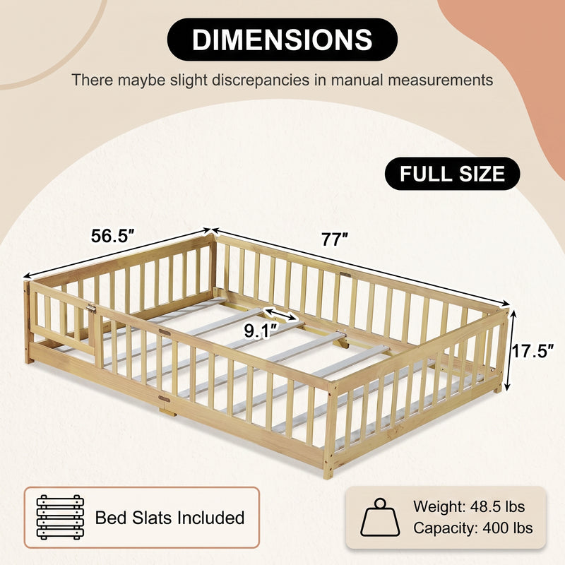 Full size Montessori floor bed dimensions 56.5 by 77 by 17.5 inches with bed slats included
