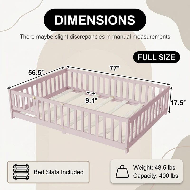 Full size Montessori floor bed dimensions 56.5 by 77 by 17.5 inches with bed slats included