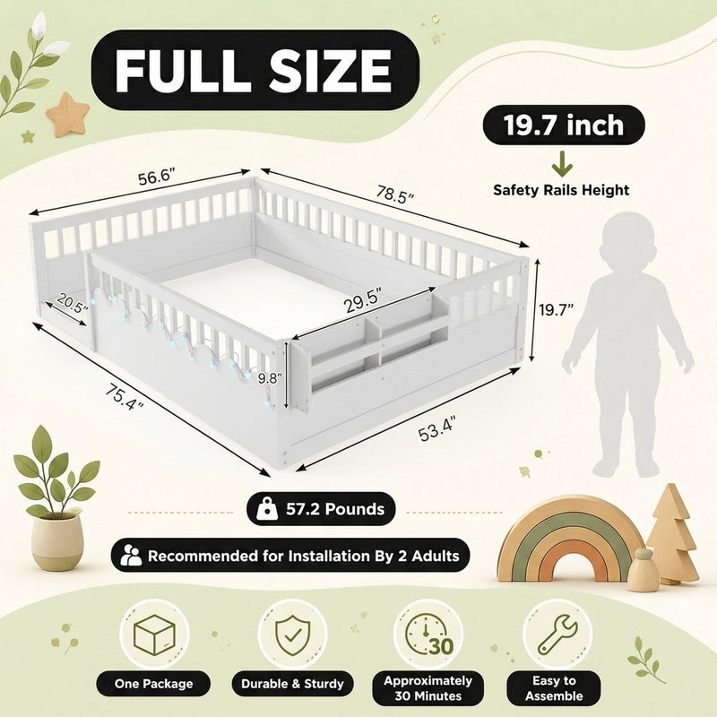 Full size Montessori floor bed dimensions 56.5 by 77 by 17.5 inches with bed slats included