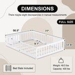 Full size Montessori floor bed dimensions 56.5 by 77 by 17.5 inches with bed slats included