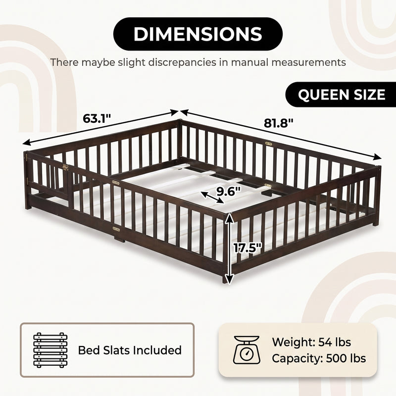Full size Montessori floor bed dimensions 56.5 by 77 by 17.5 inches with bed slats included