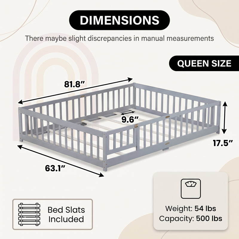 Full size Montessori floor bed dimensions 56.5 by 77 by 17.5 inches with bed slats included