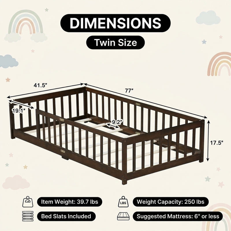 Full size Montessori floor bed dimensions 56.5 by 77 by 17.5 inches with bed slats included