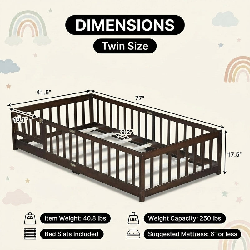 Full size Montessori floor bed dimensions 56.5 by 77 by 17.5 inches with bed slats included