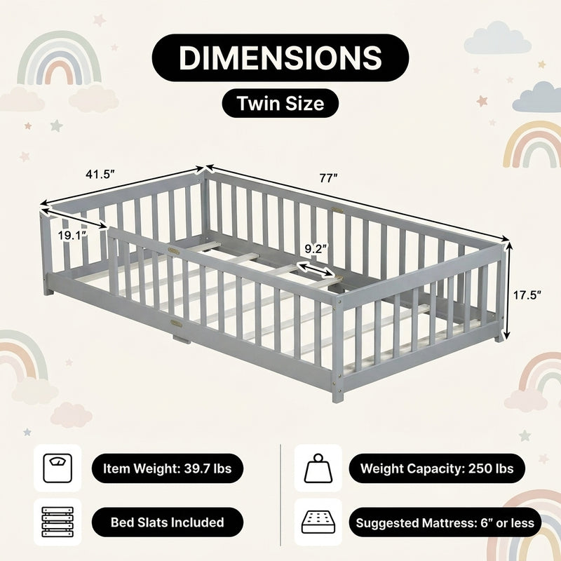 Full size Montessori floor bed dimensions 56.5 by 77 by 17.5 inches with bed slats included