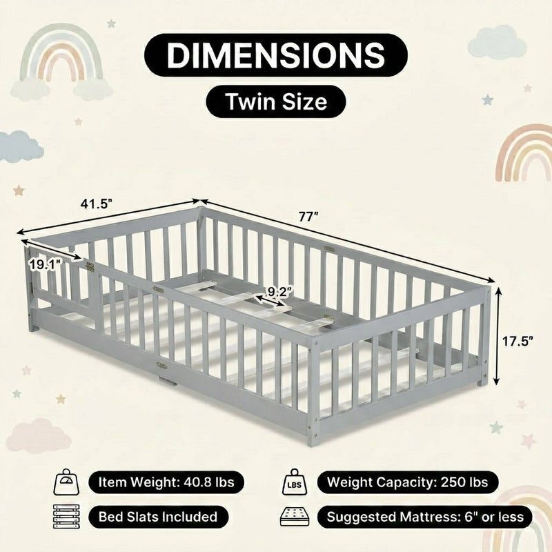 Full size Montessori floor bed dimensions 56.5 by 77 by 17.5 inches with bed slats included