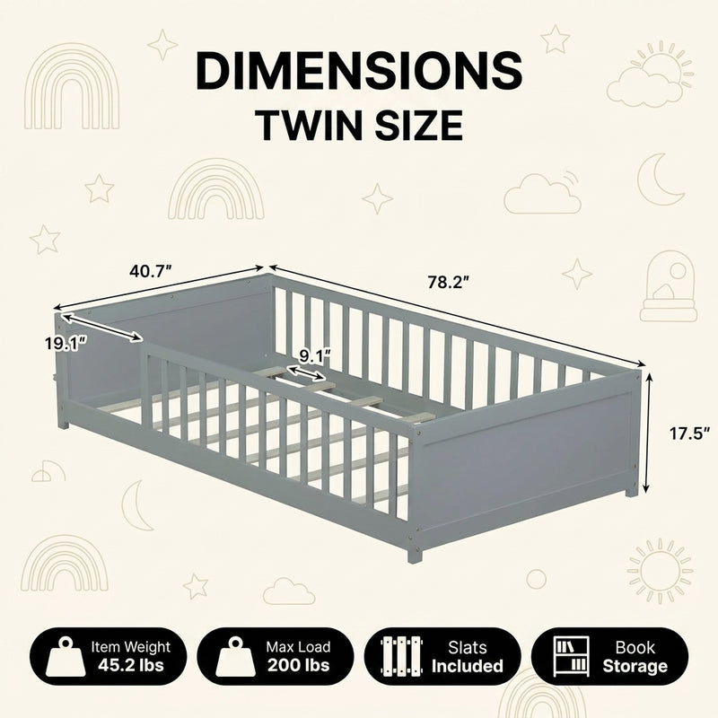 Full size Montessori floor bed dimensions 56.5 by 77 by 17.5 inches with bed slats included