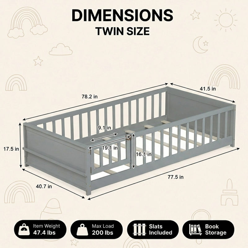 Full size Montessori floor bed dimensions 56.5 by 77 by 17.5 inches with bed slats included