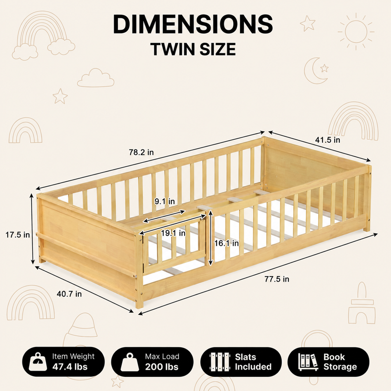 Full size Montessori floor bed dimensions 56.5 by 77 by 17.5 inches with bed slats included