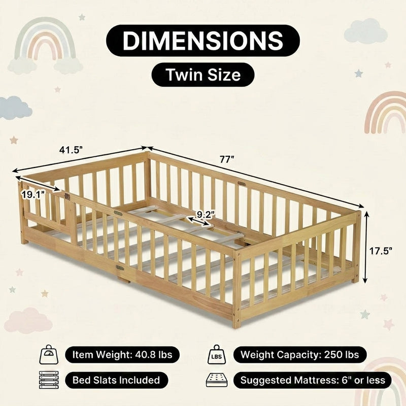 Full size Montessori floor bed dimensions 56.5 by 77 by 17.5 inches with bed slats included