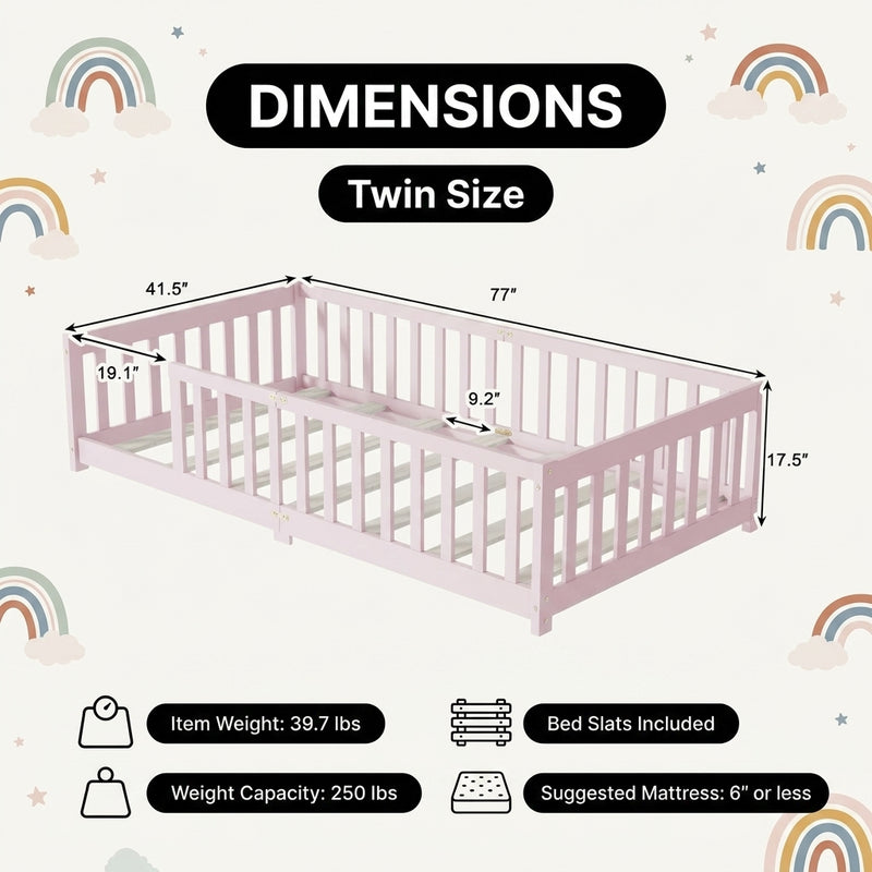 Full size Montessori floor bed dimensions 56.5 by 77 by 17.5 inches with bed slats included