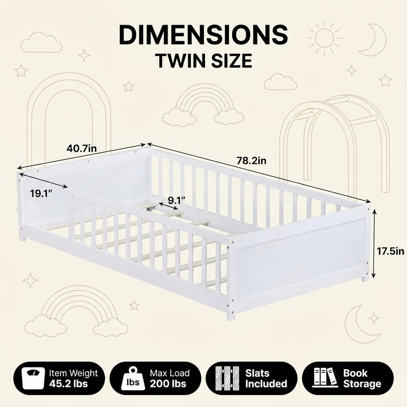 Full size Montessori floor bed dimensions 56.5 by 77 by 17.5 inches with bed slats included