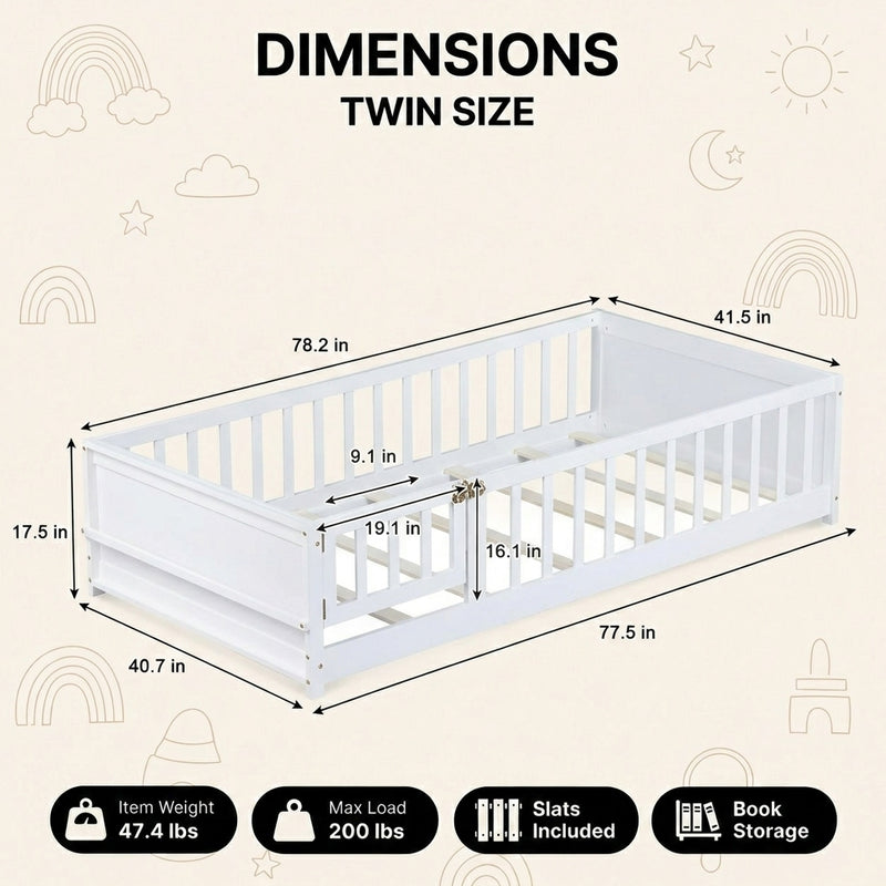 Full size Montessori floor bed dimensions 56.5 by 77 by 17.5 inches with bed slats included
