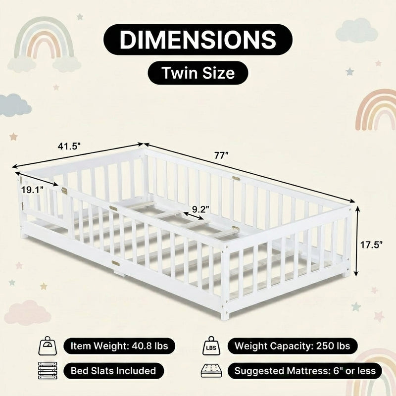 Full size Montessori floor bed dimensions 56.5 by 77 by 17.5 inches with bed slats included