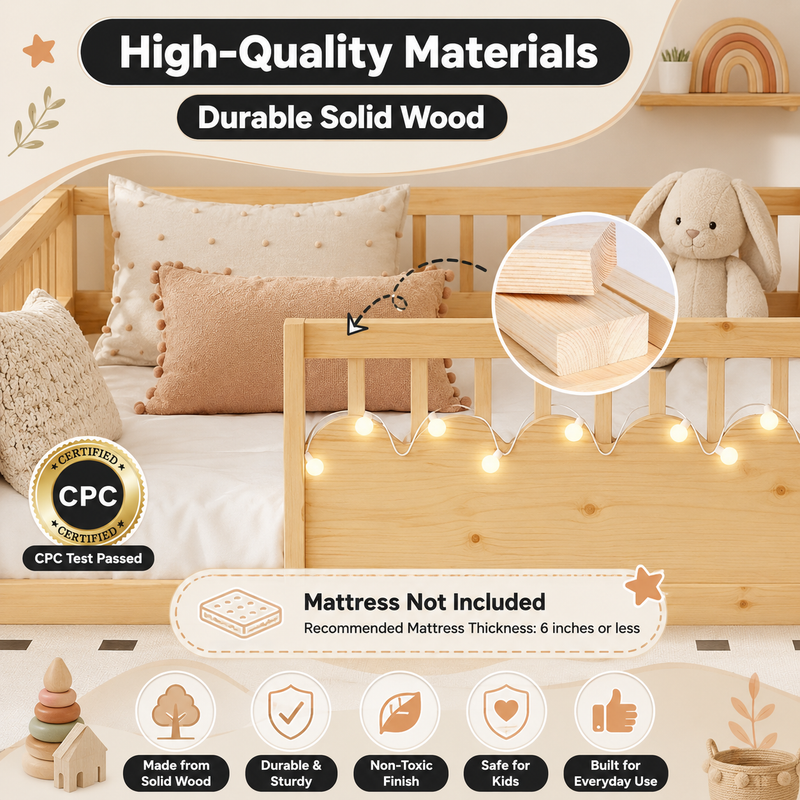 Montessori floor bed with safety rails shown as a cozy space for rest and play