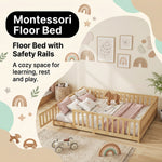 Montessori floor bed with safety rails shown as a cozy space for rest and play