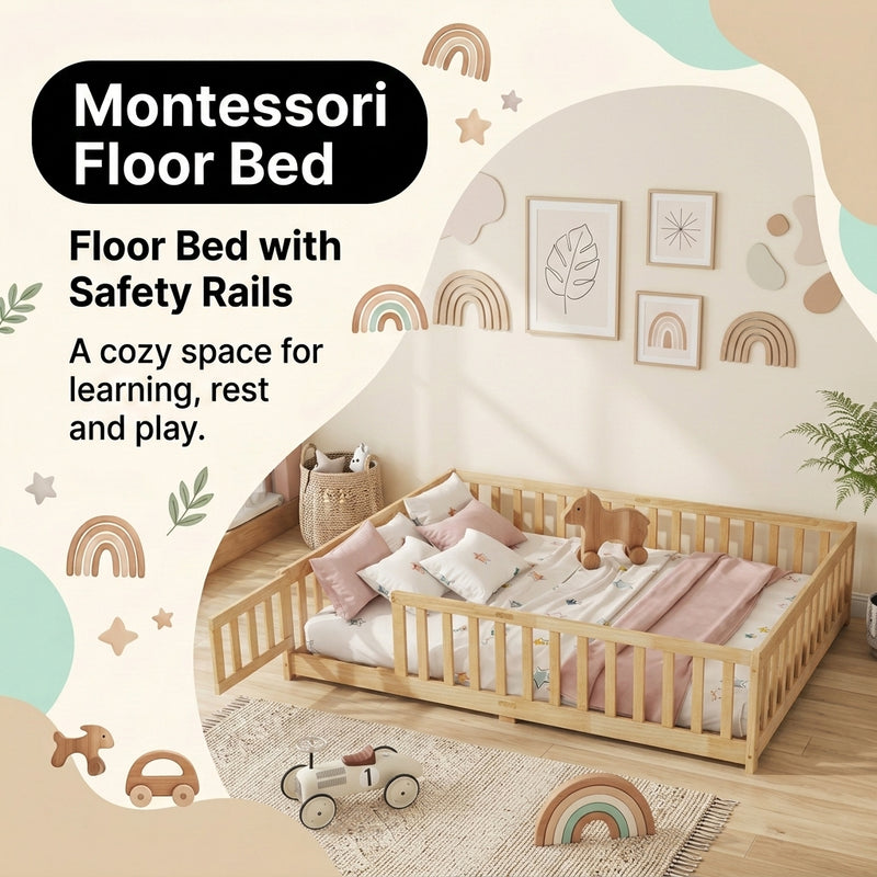 Montessori floor bed with safety rails shown as a cozy space for rest and play