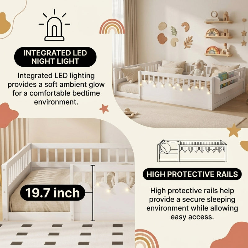 Montessori floor bed with safety rails shown as a cozy space for rest and play