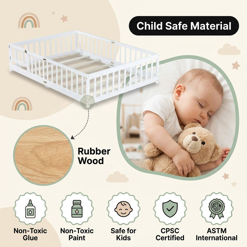Montessori floor bed with safety rails shown as a cozy space for rest and play