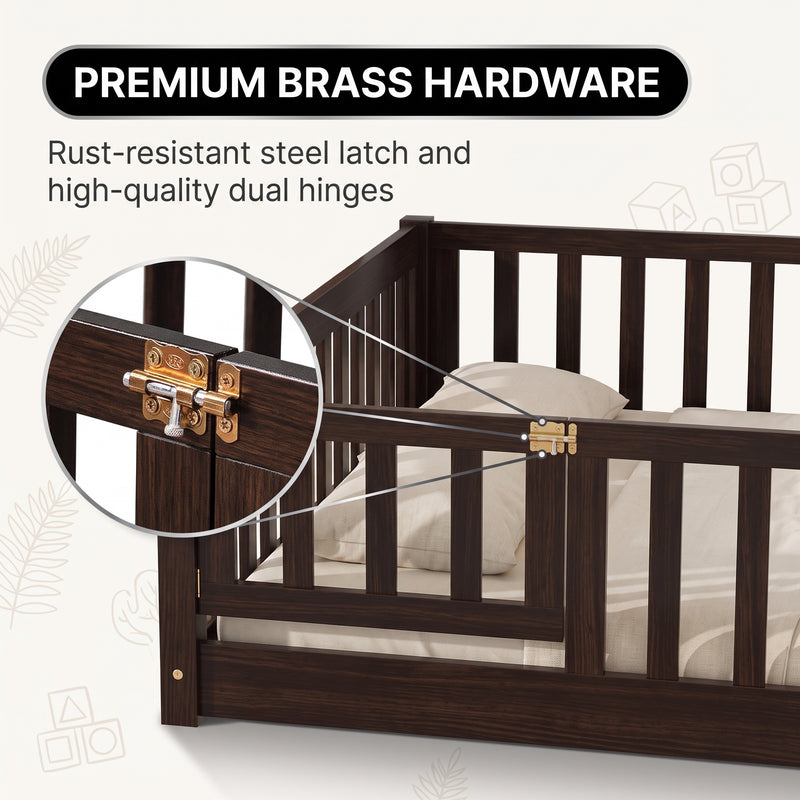 Montessori floor bed with safety rails shown as a cozy space for rest and play