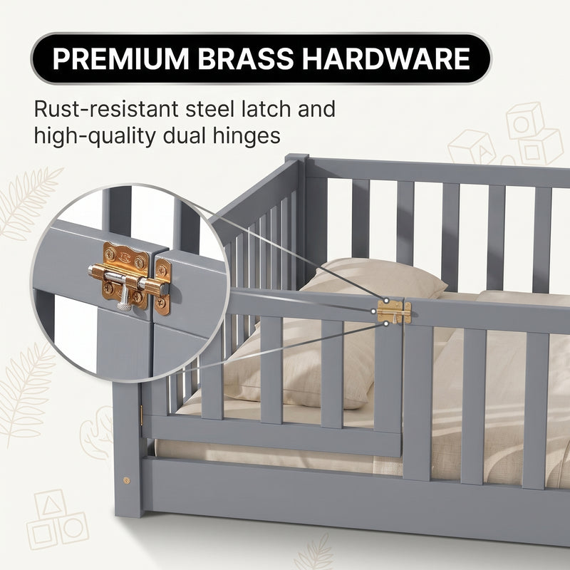 Montessori floor bed with safety rails shown as a cozy space for rest and play