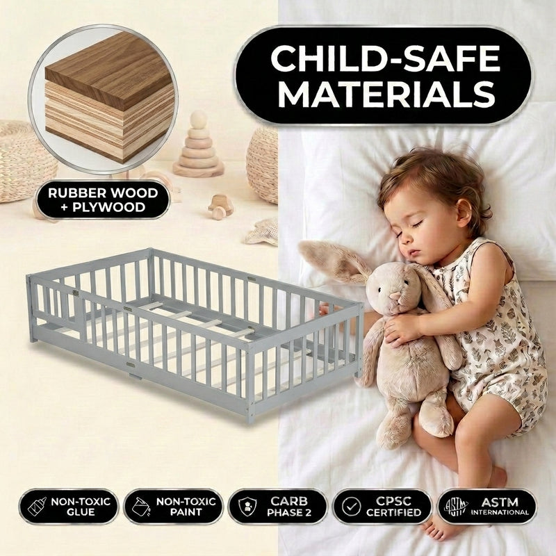 Montessori floor bed with safety rails shown as a cozy space for rest and play