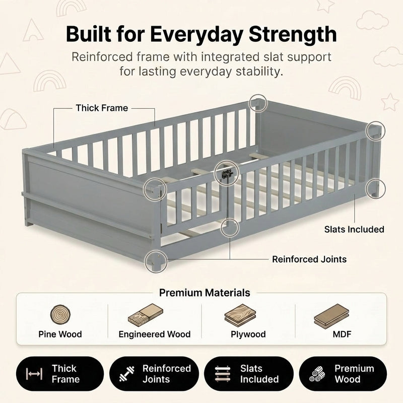 Montessori floor bed with safety rails shown as a cozy space for rest and play