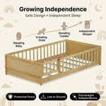 Montessori floor bed with safety rails shown as a cozy space for rest and play