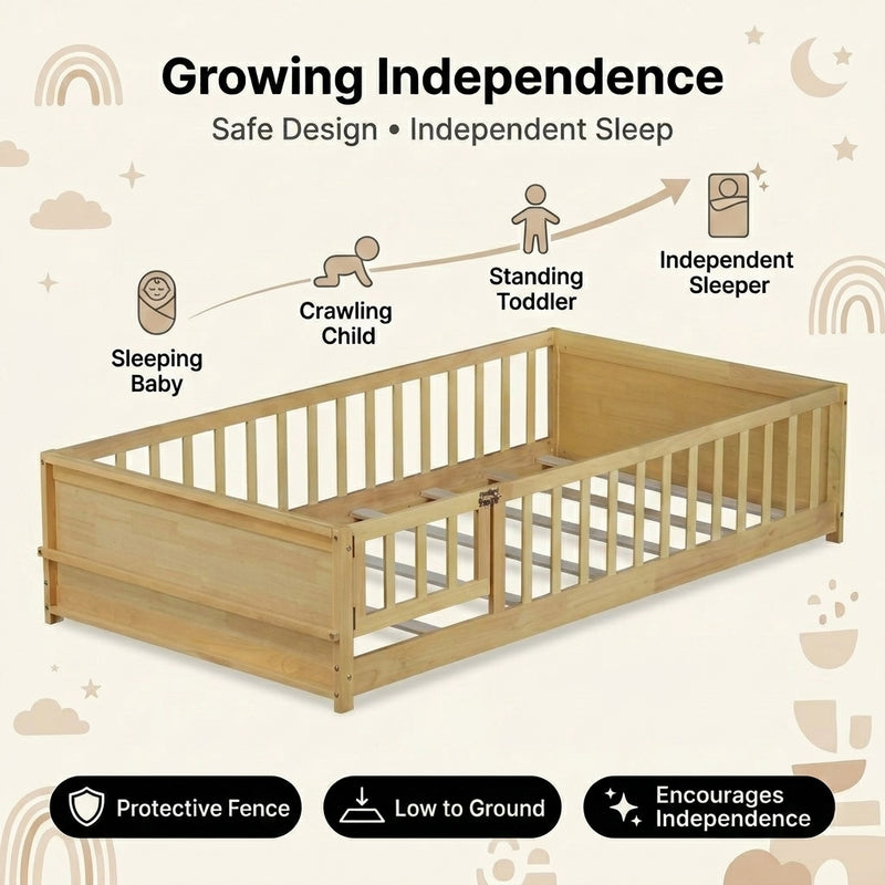 Montessori floor bed with safety rails shown as a cozy space for rest and play